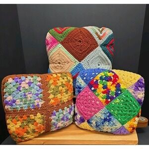 Antique Crochet Throw Pillows 60s-70s Set Of 3 Grannycore Granny Squares
